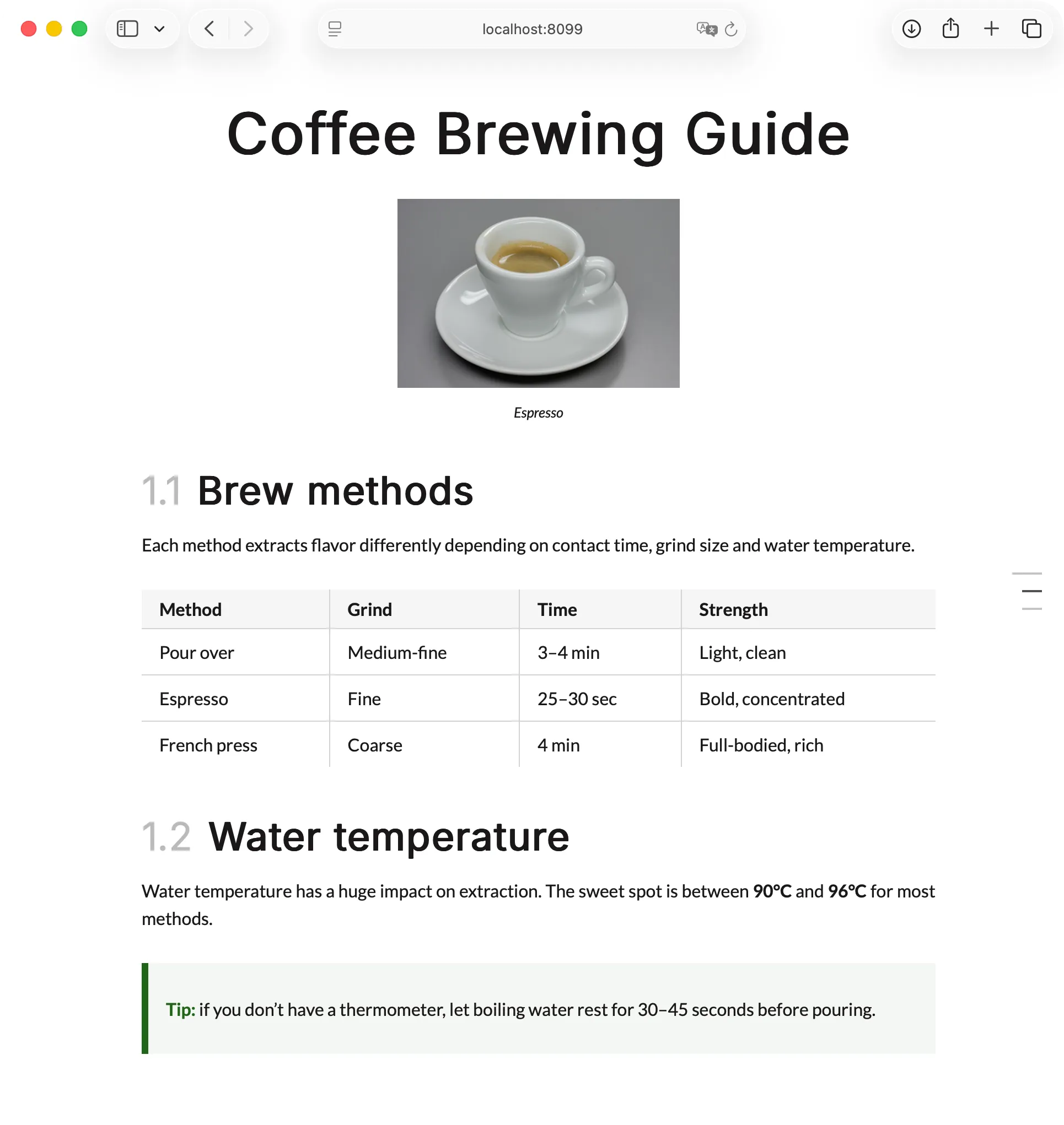 Plain document output showing a coffee brewing guide
