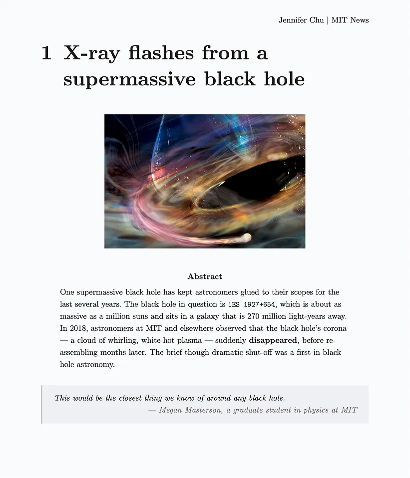 Rendered article about X-ray flashes from a supermassive black hole
