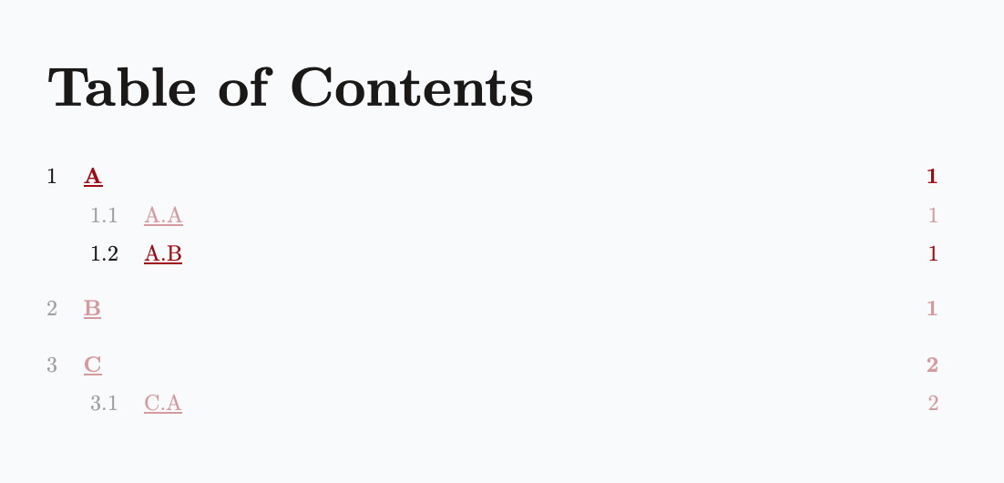 Table of contents with focus